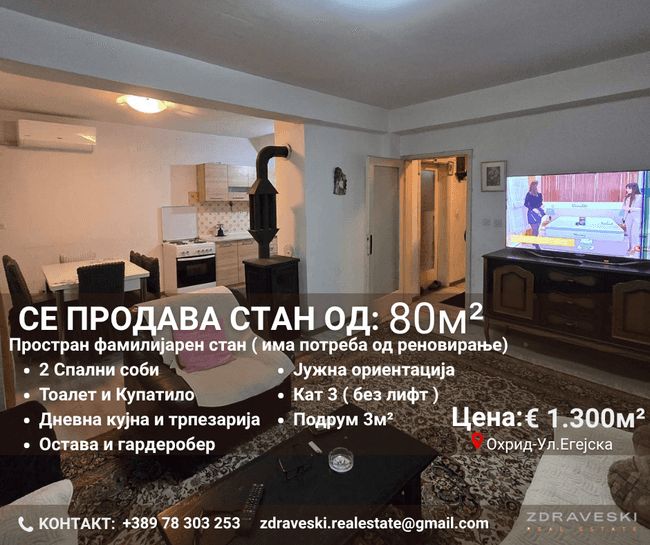 Shitet apartament 80m² në Rrugën Egej në Ohër - ZDRAVESKI image